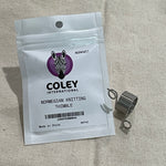 Norwegian Thimble (Metal Coils) to the right of the packaging it comes in. Coley logo is a zebra face on purple circle.